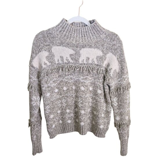 Loft Neutral Polar Bear Fringe Cotton Wool Blend Mockneck Sweater Size XS - Picture 2 of 7